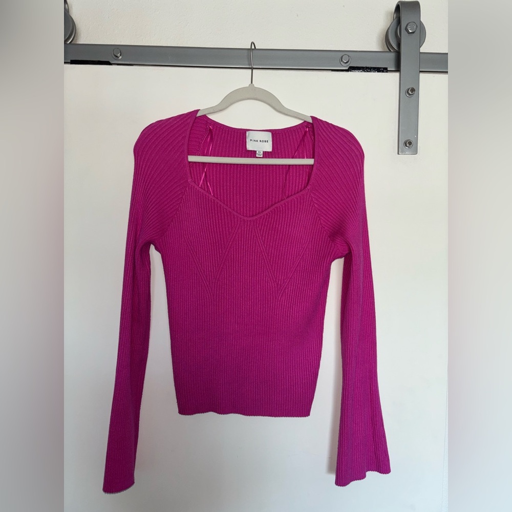 Pink Sweater Top with Flare Sleeve in Fuchsia